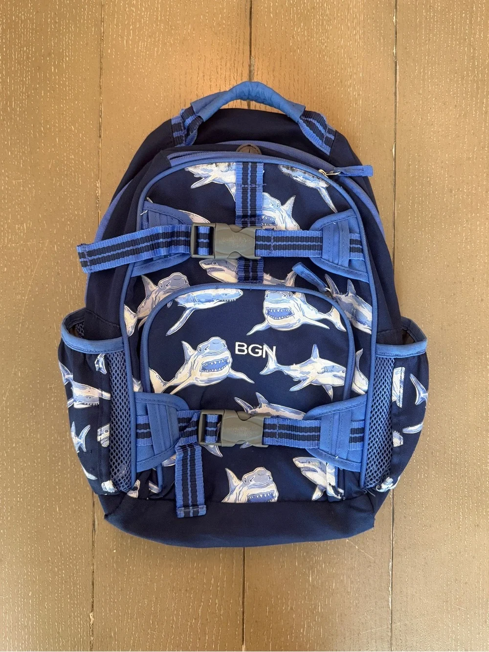 Pottery Barn Kids Navy Blue Sharks Boys Small Mackenzie Backpack “BGN” Initials